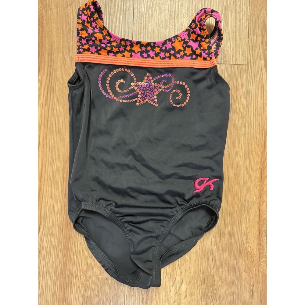 GK Elite Star Black Orange Pink Sequin Gymnastics Leotard Child Small CS